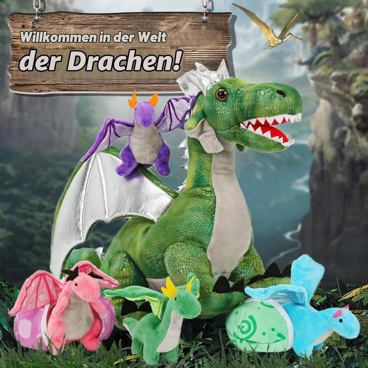 MorisMos 55cm Stehend Drache Kuscheltier mit Baby im Bauch, Grün Gross Plüschdrache Kuscheltiere XXL