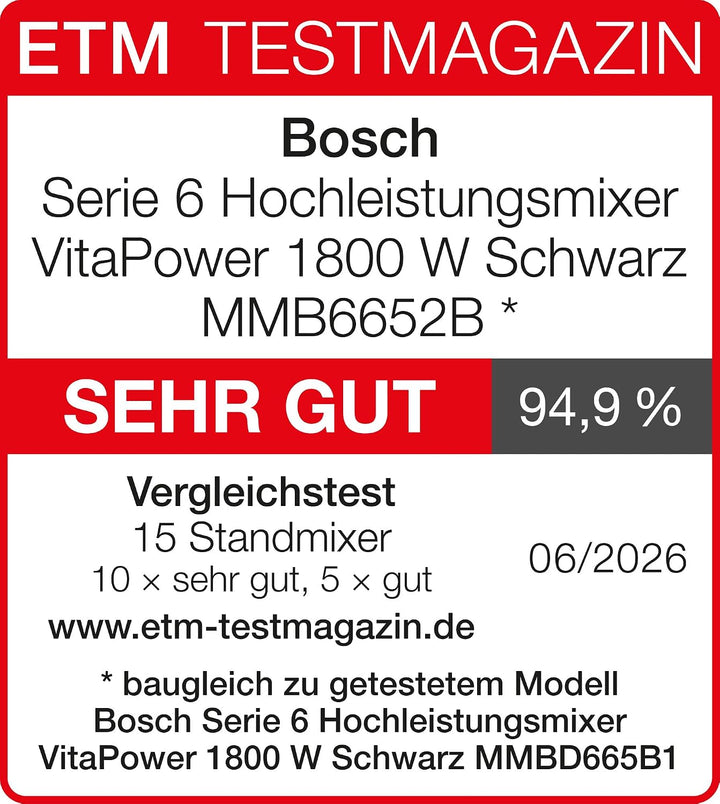 Bosch Hochleistungsmixer, Smoothie Maker, 1800W, VitaPower Serie 6 MMB6652B, 45.000 U-min, Programme