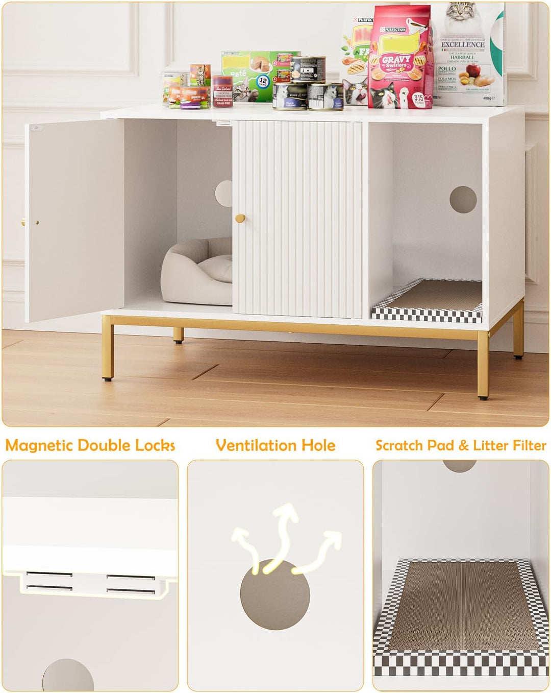 Katzenklo Schrank, Katzenkloschrank mit Doppeltüren, Katzenhaus mit Kratzmatte, hohe Beine, für Katz