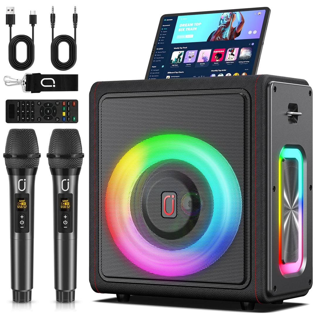 Karaoke Maschine mit 2 drahtlosen Mikrofones, Tragbaren Bluetooth 5.3 Karaoke Anlage Lautsprecher mi