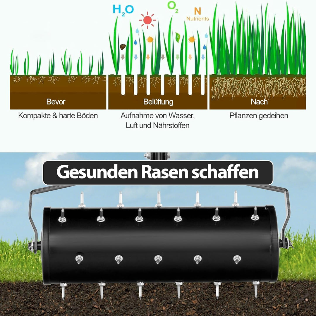 SOARS Rasenlüfter Walze, Rasenbelüfter mit 3,5cm Nägeln & Stiel, Handvertikutierer befüllbar, Garten