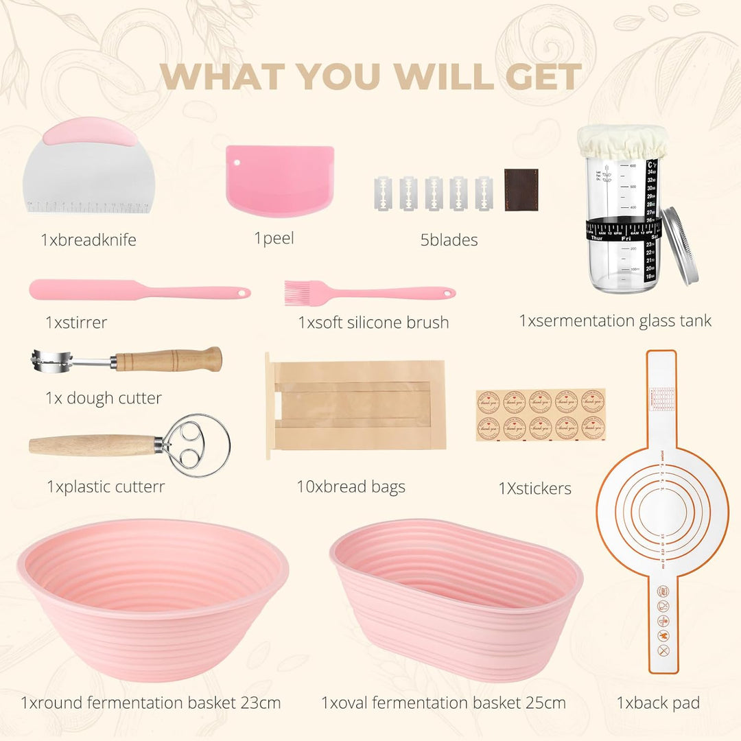 Sauerteig Starter Set mit Gärkörbchen(runde 23cm & ovale 25cm), Brot Backen Zubehör Komplettset, 650