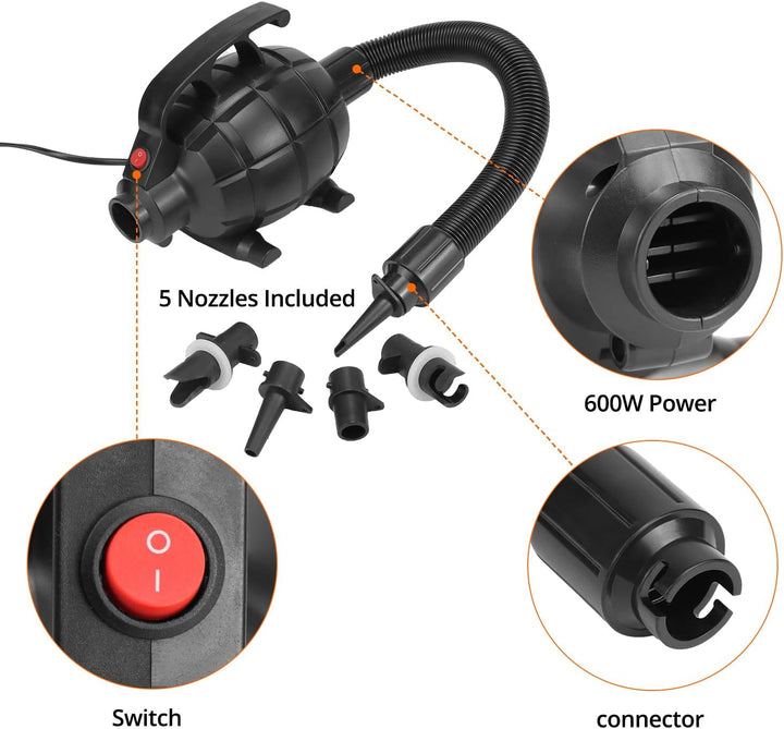 QWORK® Elektrische Luftpumpe 600W, Leise & Tragbare Pumpe mit 5 Düsen, Ideal für Air Track Matten, S