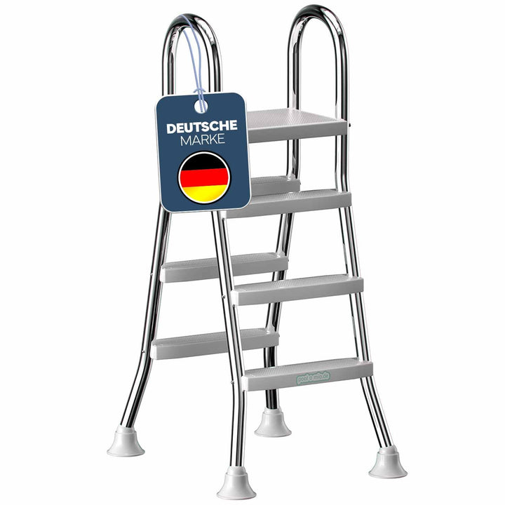 poolomio® Poolleiter Edelstahl mit Handlauf bis 120 cm | Einstiegsleiter mit 3 Stufen für Aufstellpo
