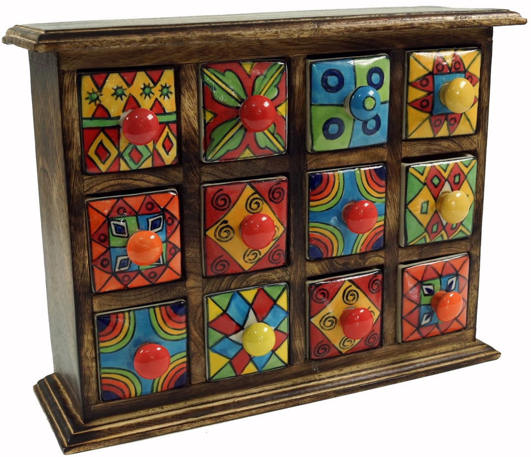 GURU SHOP Apothekerschränkchen mit Bunten Keramik Schubfächern, Gewürzkiste - 4x3 Fächer Modell 2, 2