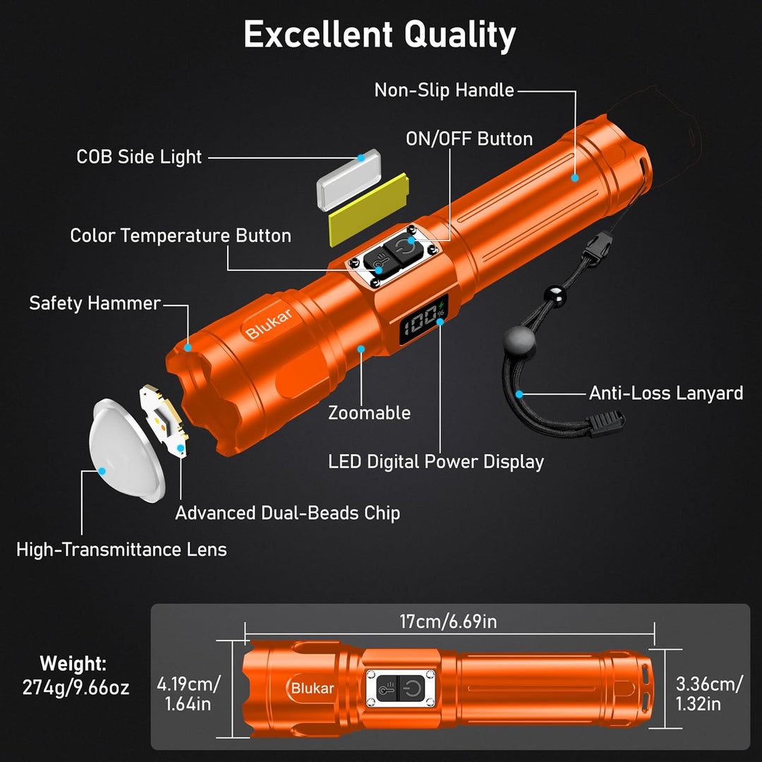Blukar Taschenlampe LED 2 Farbtemperatur mit Hauptlicht & Seitlich COB-Licht, Aufladbar Extrem Hell