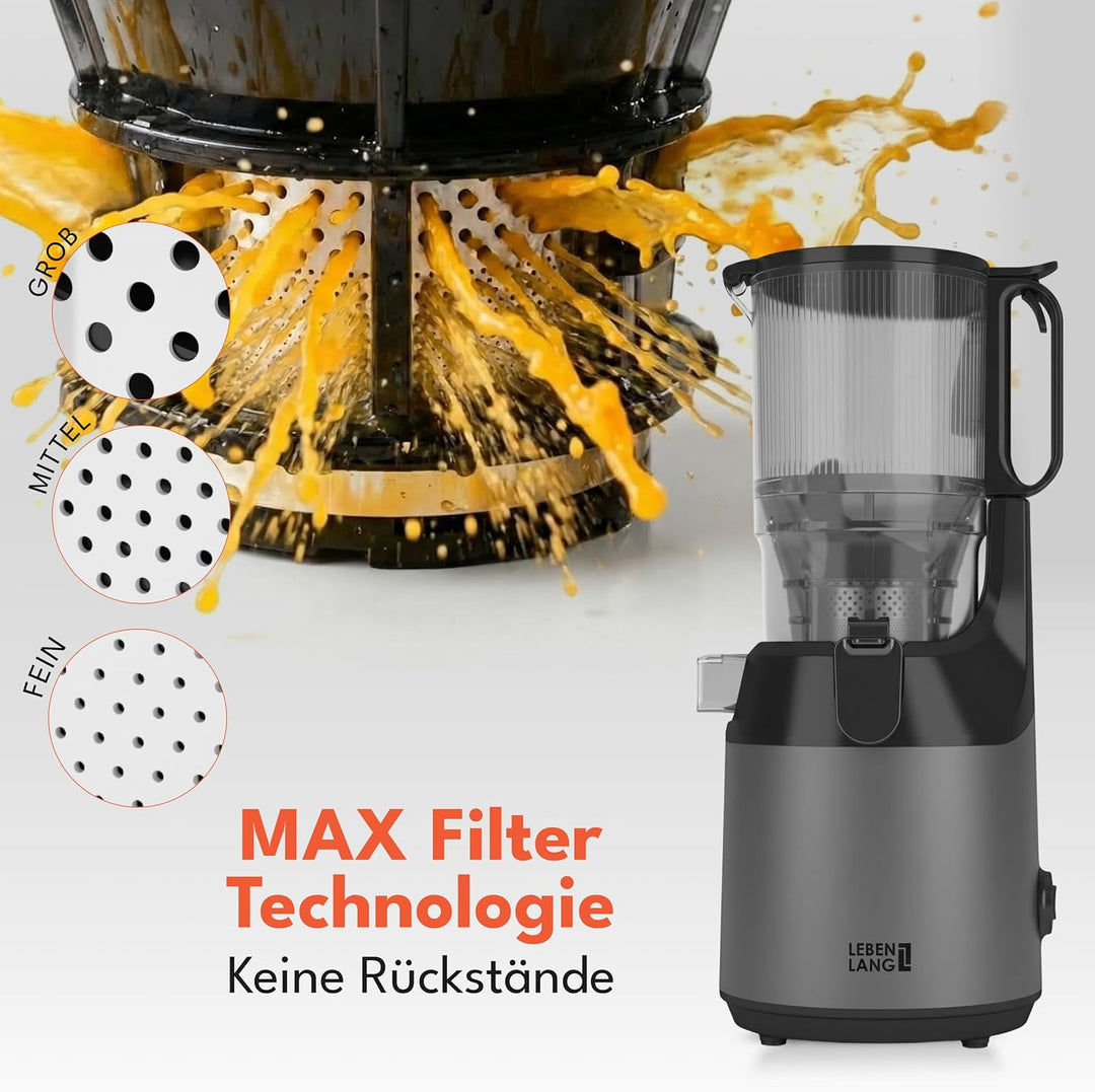 LEBENLANG Entsafter Slow Juicer - Inkl. Rezeptbuch & Grosse 130mm Öffnung I Perfekt für Obst ganze F