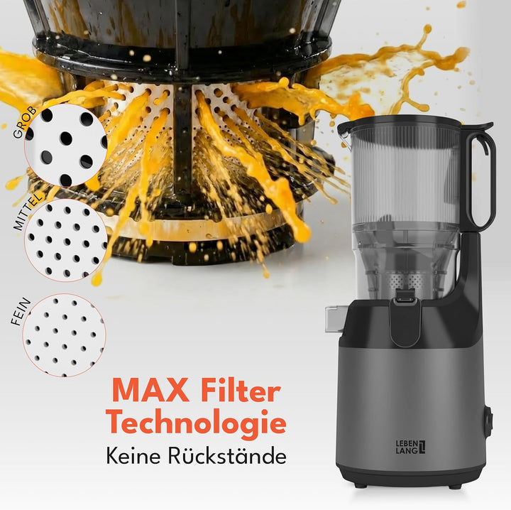 LEBENLANG Entsafter Slow Juicer - Inkl. Rezeptbuch & Grosse 130mm Öffnung I Perfekt für Obst ganze F