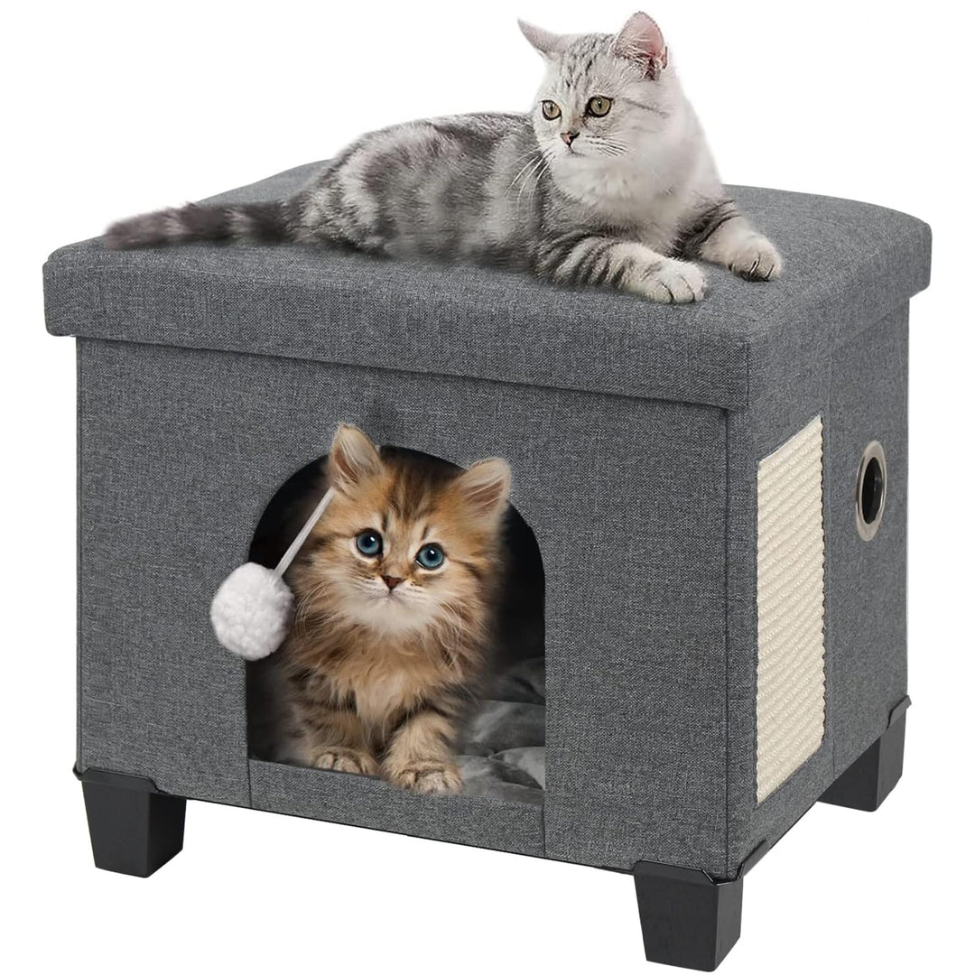 BRIAN & DANY Katzenhöhle, Leinen Katzenhaus Höhle für Katzen mit Kratzbrett und Spielball, 45 x 37.5