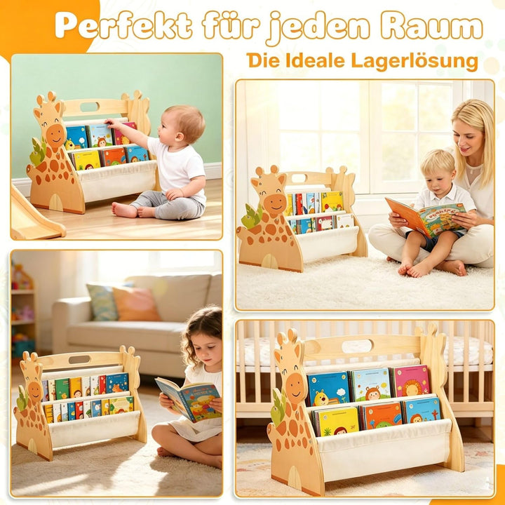 Bücherregal Kinder Holz Doppelseitig 4-spaltige 43x34x28,3cm Kinderbücherregal Klein mit Griff Monte