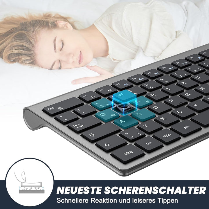 cimetech Kabellose Tastatur Kabellos Deutsches QWERTZ Layout Wireless Keyboard Wiederaufladbare Full