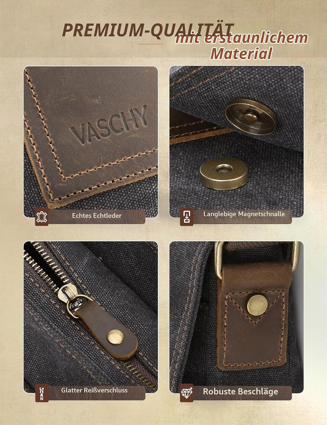 VASCHY Klein Umhängetasche Herren, Vintage Leinwand Herrentasche Echtes Leder Schultertasche Klassis