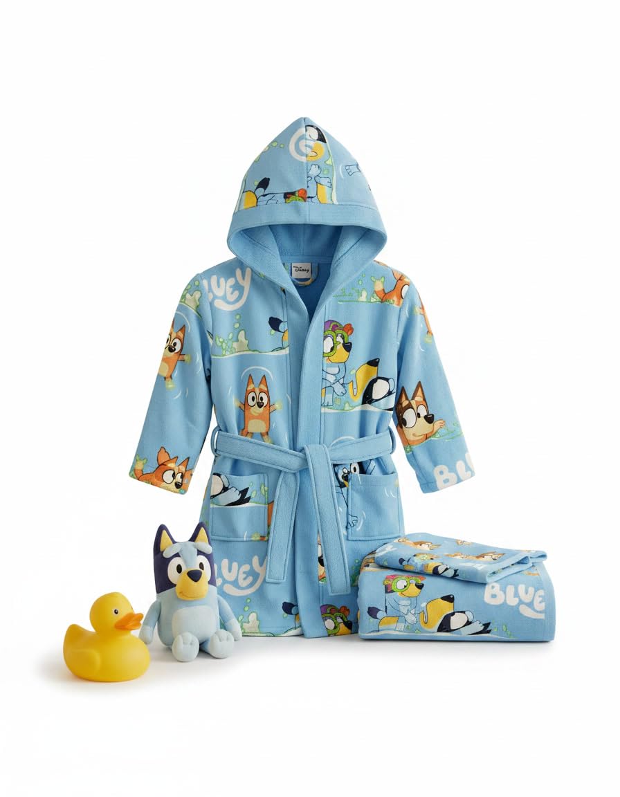 Aymax, Set aus Bademantel + Handtuch + Handschuh, für Kinder, Bluey &amp; Bingo, Himmelblau, offizielles