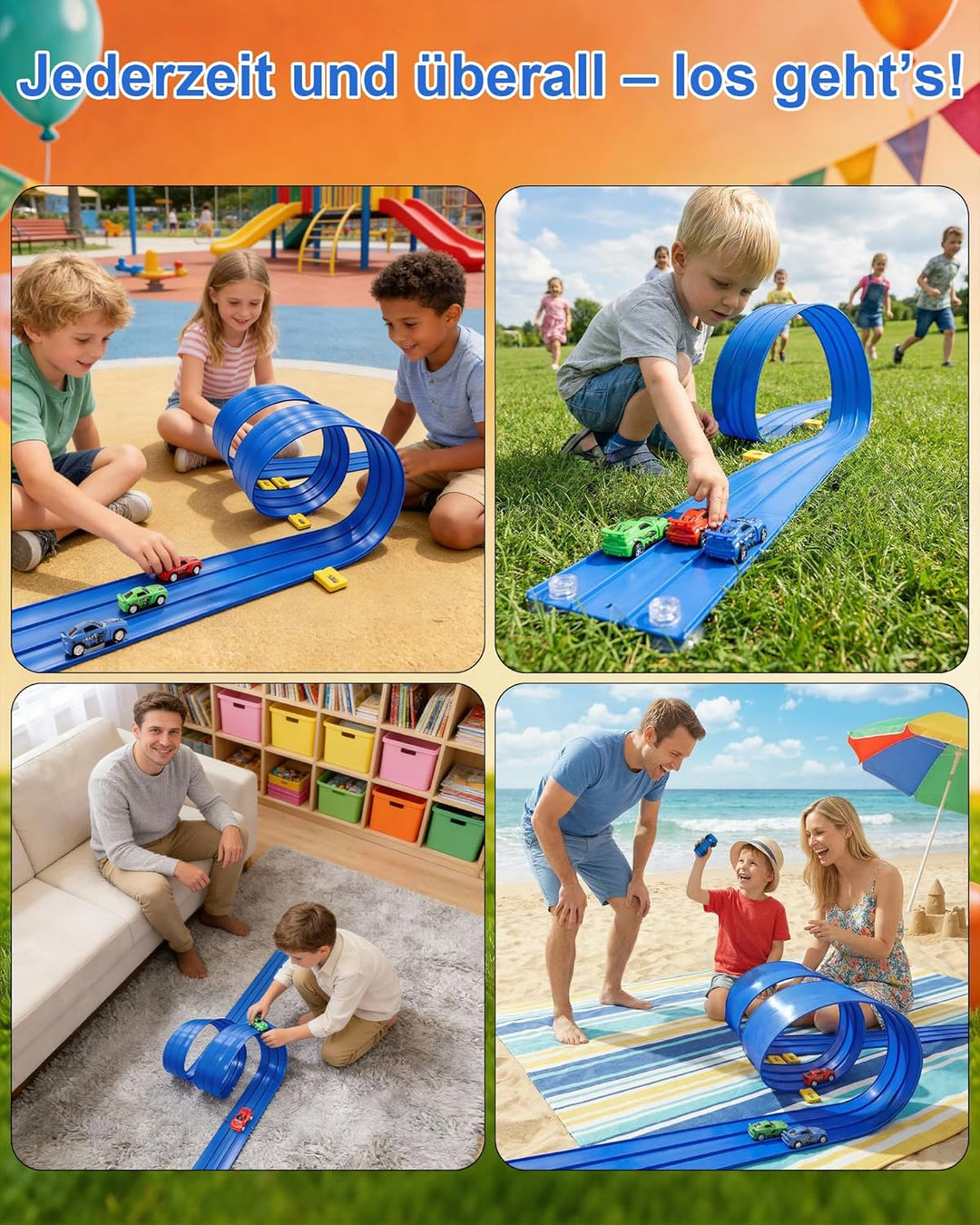 Dreispurige Flexible Rennbahn für Kinder – 5 m Lange Saugnapf-Schwerkraftrampe für 1:64-Modellautos,