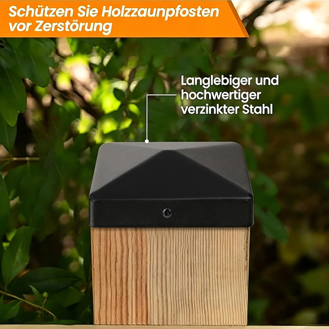 Pfostenkappen 9×9cm, 6 Stück Schwarze pulverbeschichtete Stahl-Pyramidenpfostenkappen -Holzpfostensc