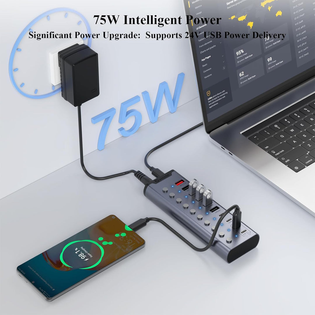 Aktiver USB-Hub, 10-Port USB-C-Hub mit 5 USB-A 3.2, 2 USB-C 3.2 und BC1.2 sowie 2 PD 45W Ladeanschlü