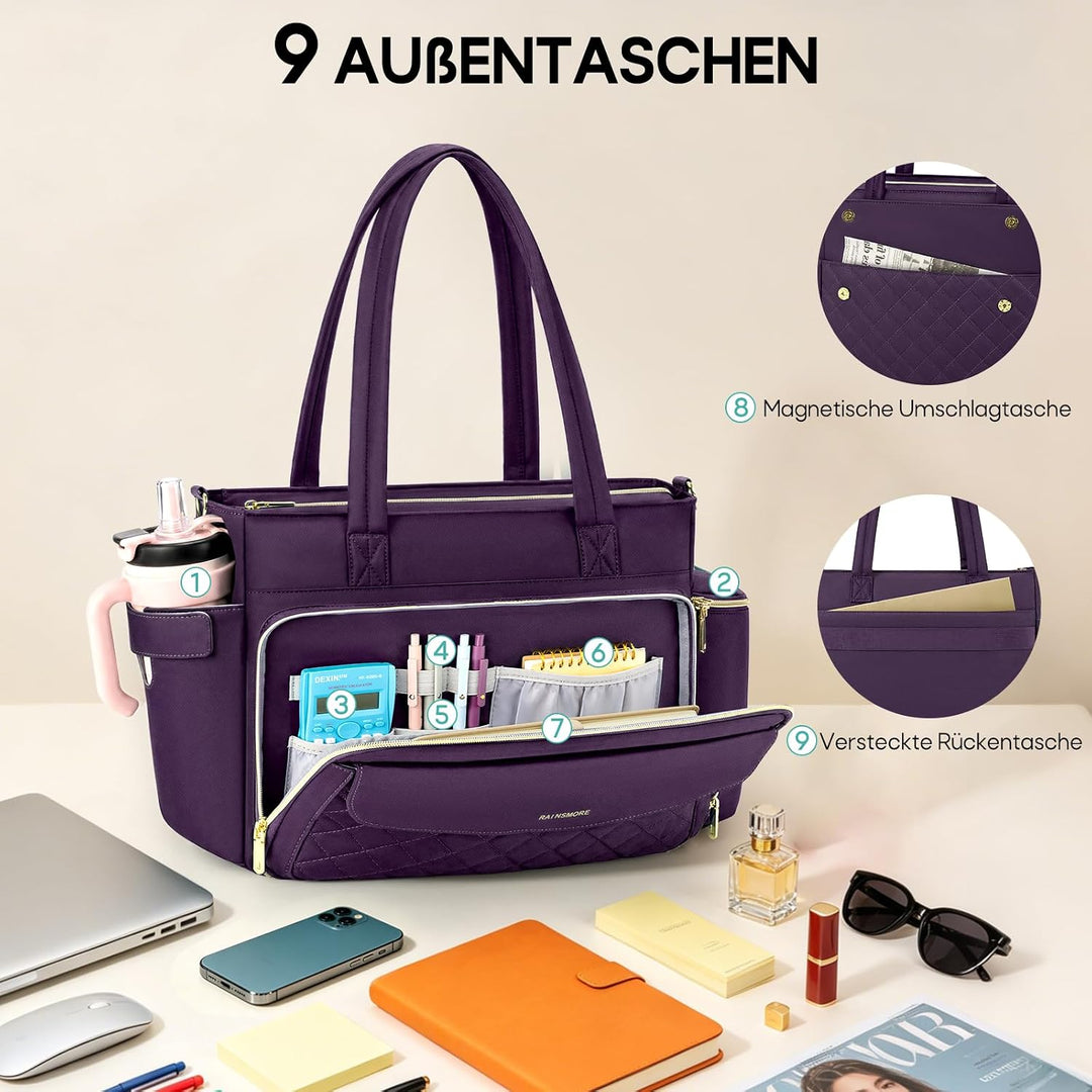 RAINSMORE Lehrertasche Damen Gross Laptoptasche, 15,6 Zoll, Lila | Arbeitstasche Isolierfach und Gro
