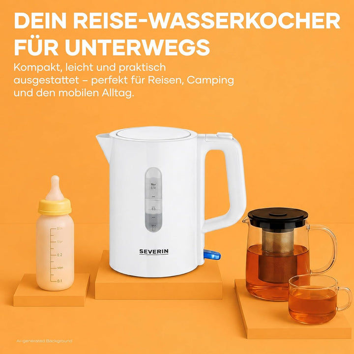 SEVERIN Reise-Wasserkocher-Set, Reisewasserkocher für 0,5 l mit umschaltbarer Spannung (115/230 V),