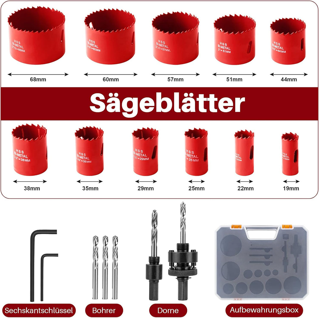 Lochsäge Set, Meinraum 19 PCS Lochkreissäge Bimetall mit 11 Sägeblättern 19mm-68mm, inklusiv 2 Schaf