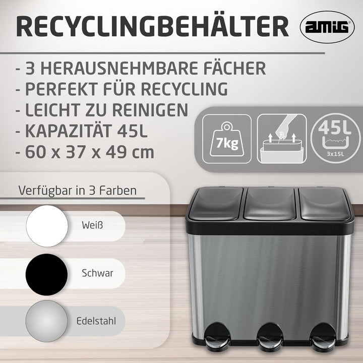 Amig - Dreifacher Mülleimer mit Pedalen 45 Liter | 3 herausnehmbare 15-Liter-Fächer | Recyclingbehäl