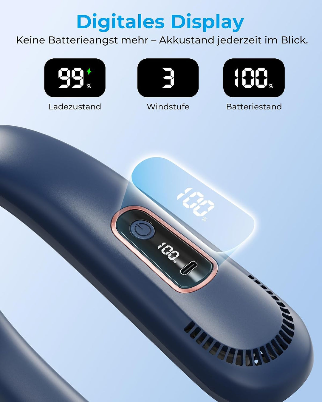 LEBKOV 5000mAh Leise Nackenventilator mit LED-Display, 3 Stufen, 360° Luftstrom, 180° Verstellbar, F