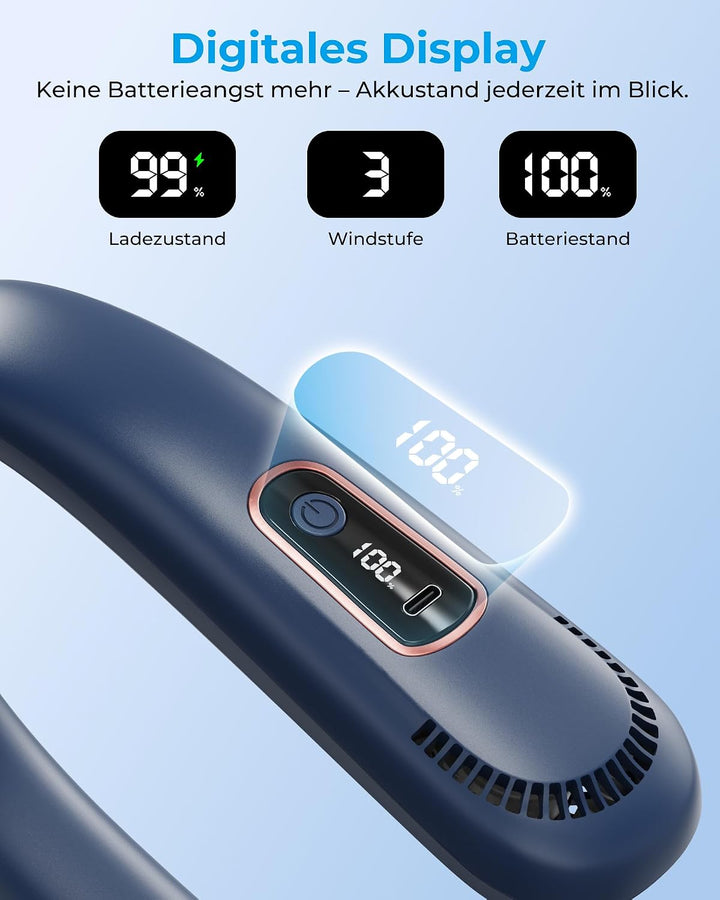 LEBKOV 5000mAh Leise Nackenventilator mit LED-Display, 3 Stufen, 360° Luftstrom, 180° Verstellbar, F
