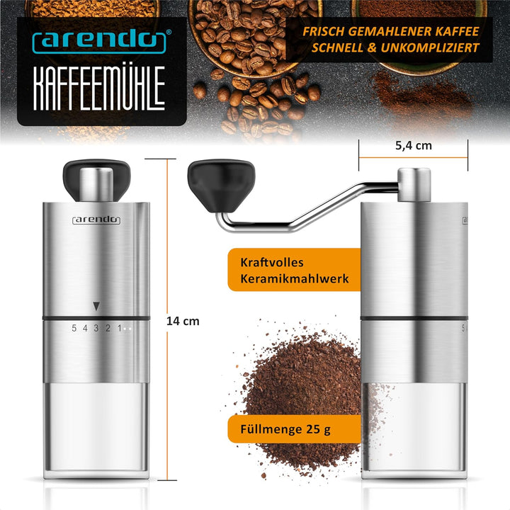Arendo - Edelstahl Kaffeemühle manuell – Keramikmahlwerk – verstellbarer Mahlgrad 5 Stufen – Handmüh