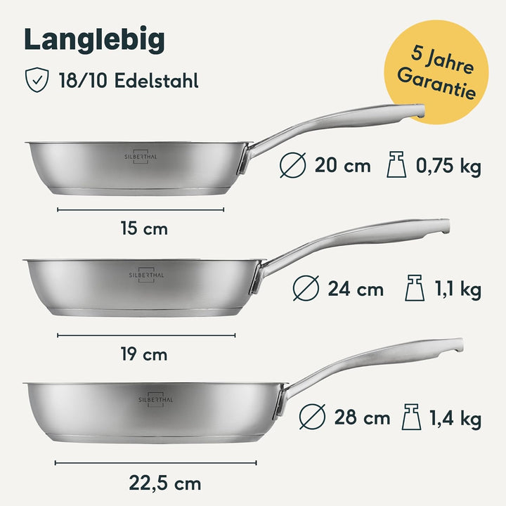 SILBERTHAL Pfannen- und Topfset 9 teilig - Unbeschichtet - Edelstahl - Kochtopf 2,5l,3,5l, 5l und Pf
