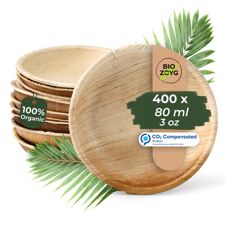BIOZOYG Palmware Snack Schälchen Set I 400 Stück Bio Einweg Schalen rund 80ml, Ø10cm I Partygeschirr
