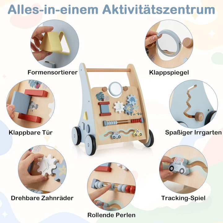 DREAMADE Lauflernwagen Holz, Baby Lauflernhilfe mit Spiegel & Spielzeug, Gehfrei Baby Holzspielzeug