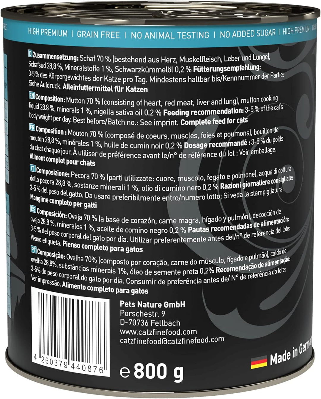 catz finefood Purrrr Schaf Monoprotein Katzenfutter nass N° 113, für ernährungssensible Katzen, 70%