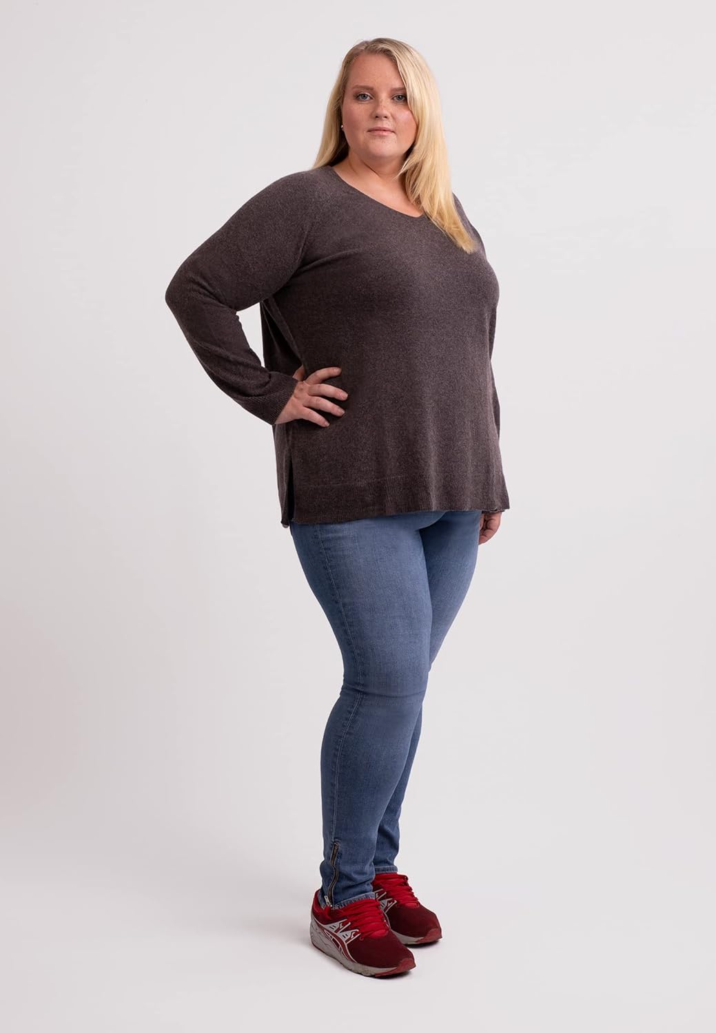 100% Kaschmir Damen Pullover mit geradem Schnitt und Seitenschlitz in grossen Grössen | Sweater V-Au