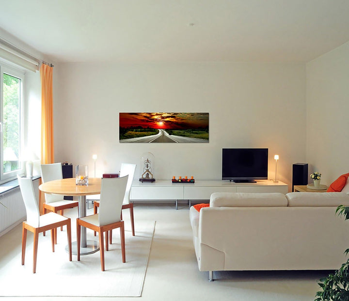Paul Sinus Art Panoramabild auf Leinwand und Keilrahmen 150x50cm Landschaft Strasse Abendrot Wolkenh