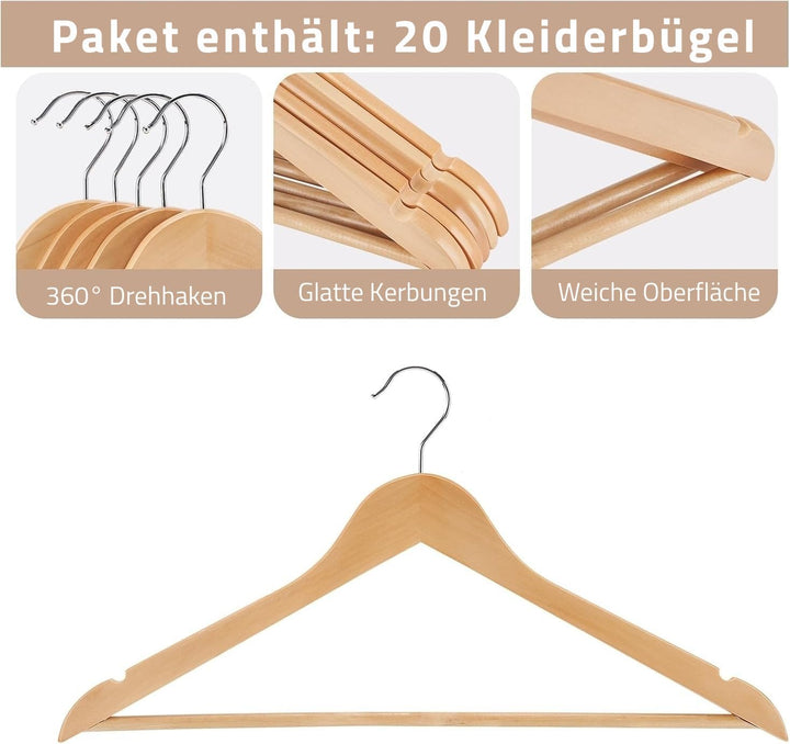 Kleiderbügel Holz 20er Set – Premium Holzbügel aus Massivholz mit Hosensteg, Kerben & 360° Haken für