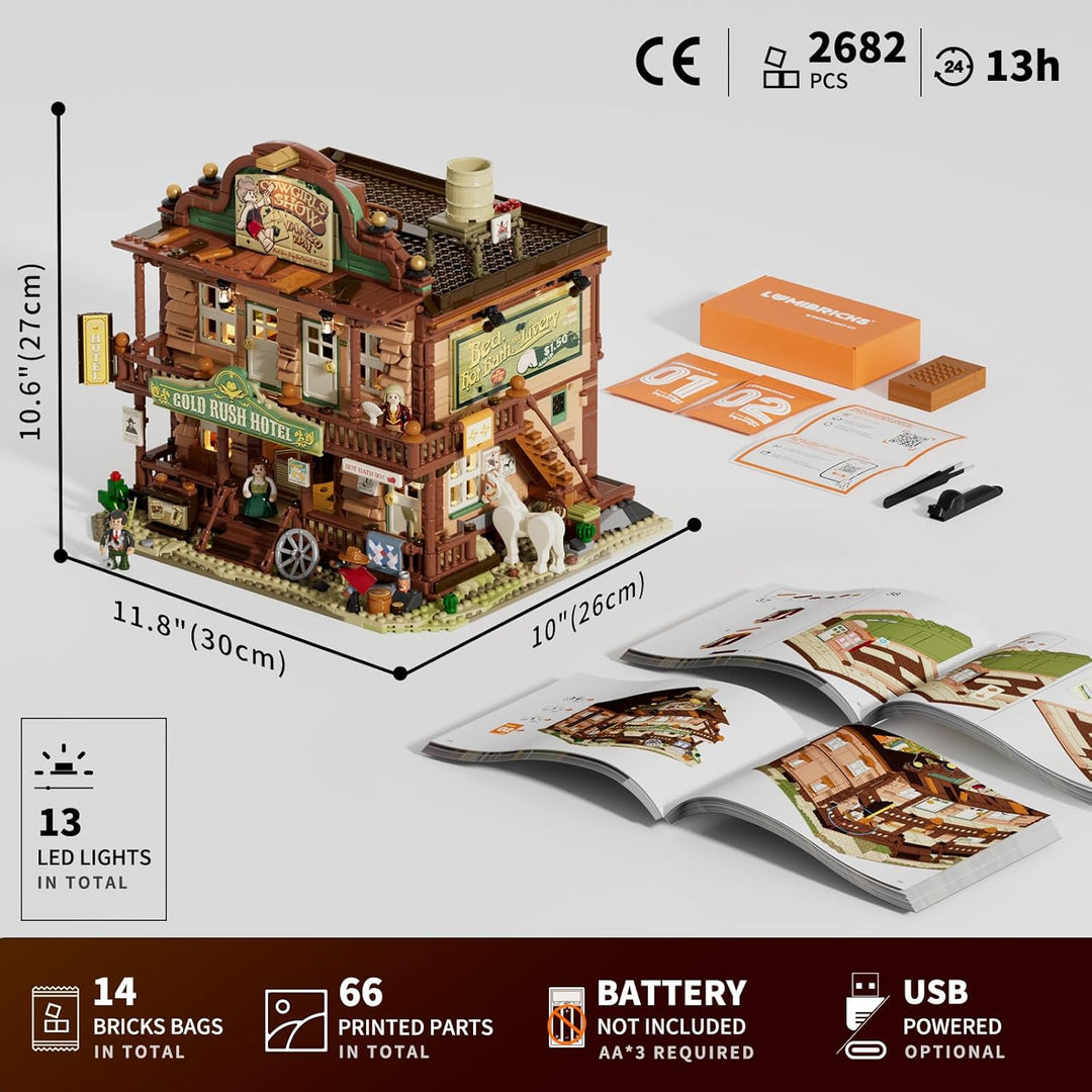 Old West Inn Bausteine Set, 2682 Teile Westernstadt Hotel mit LED-Beleuchtung, vollständig zu öffnen