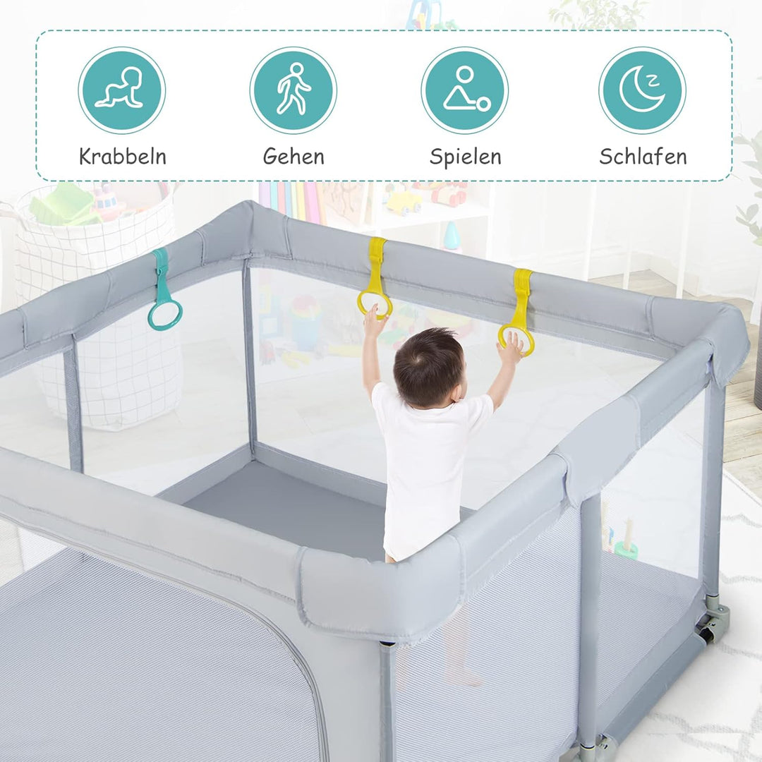 DREAMADE Laufstall Baby, 126 x 126 cm Laufgitter Klappbar mit 50 Spielbällen & 4 Zugringen, Schutzgi