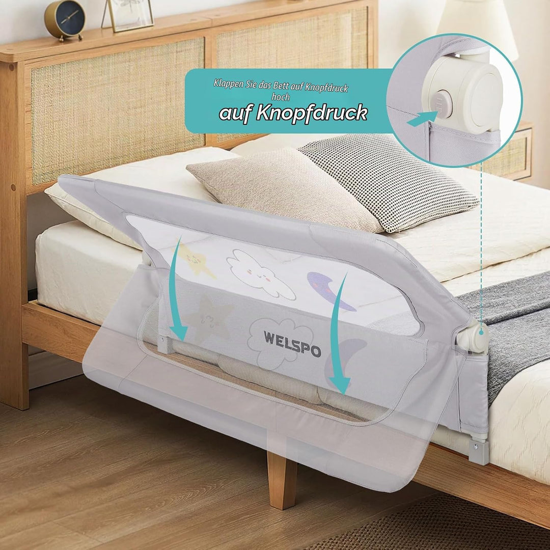welspo Bettgitter Bettschutzgitter Bettgitter mit Kindermotiven, Rausfallschutz für Kinderbett, Grau