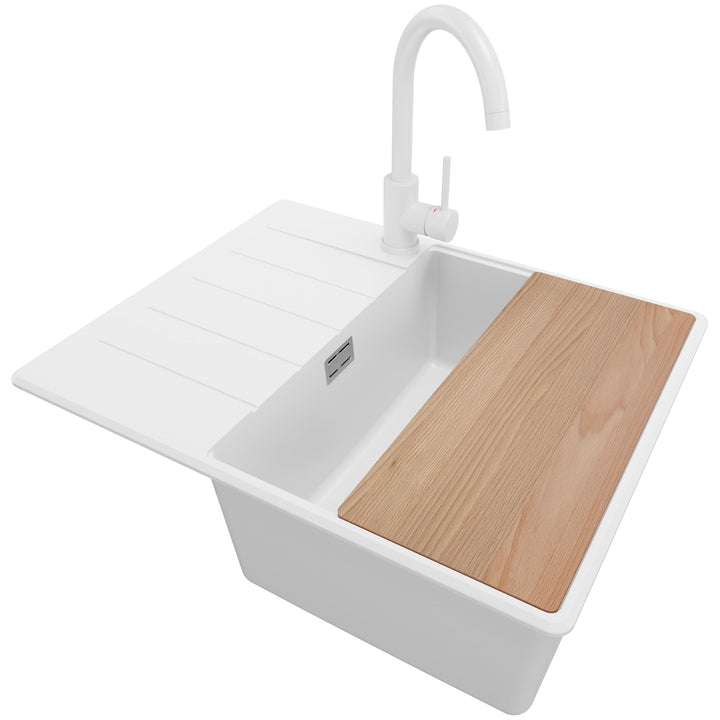 Spülbecken Weiss 62x50 cm, Granitspüle + Ablauf-Set + Küchenarmatur 5000, Küchenspüle für 45er Unter