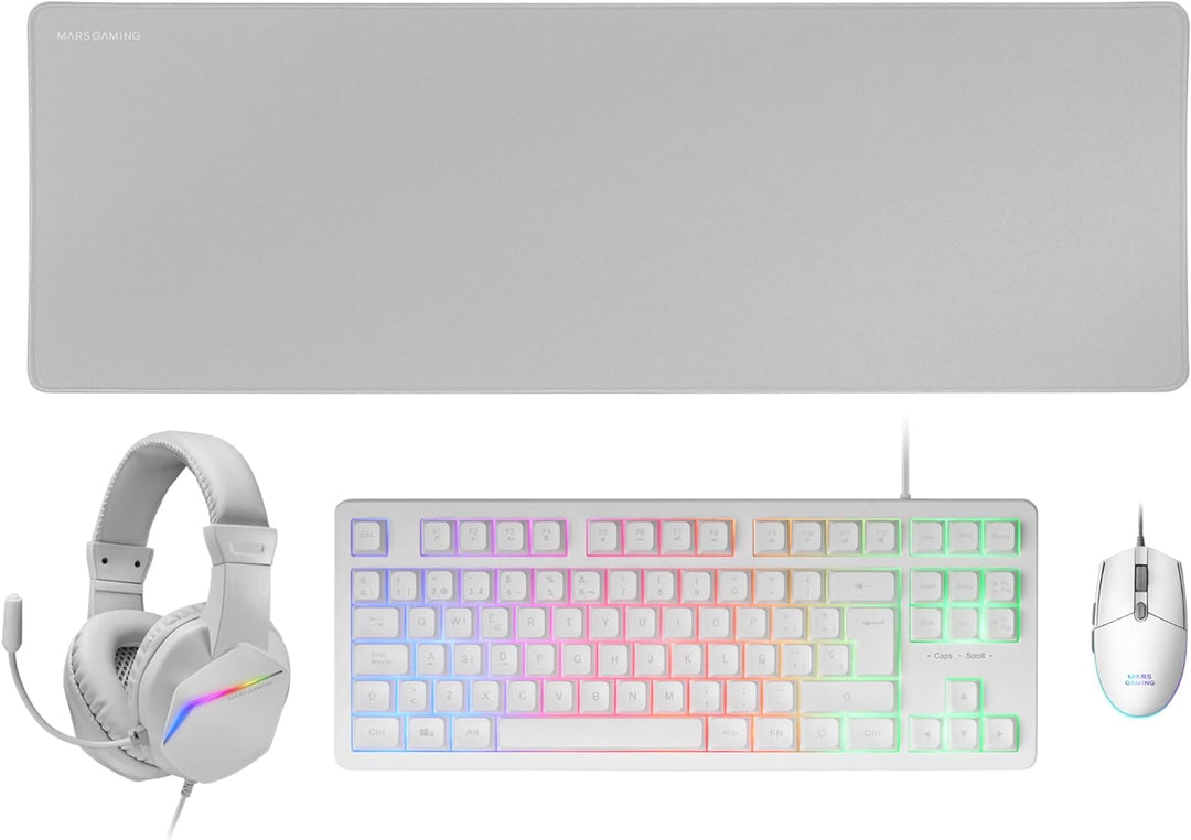 MARSGAMING MCP-RGB3, Pack Gaming-Tastatur Fixed RGB + Gaming-Maus RGB Flow 3200 DPI + Headset Over-E
