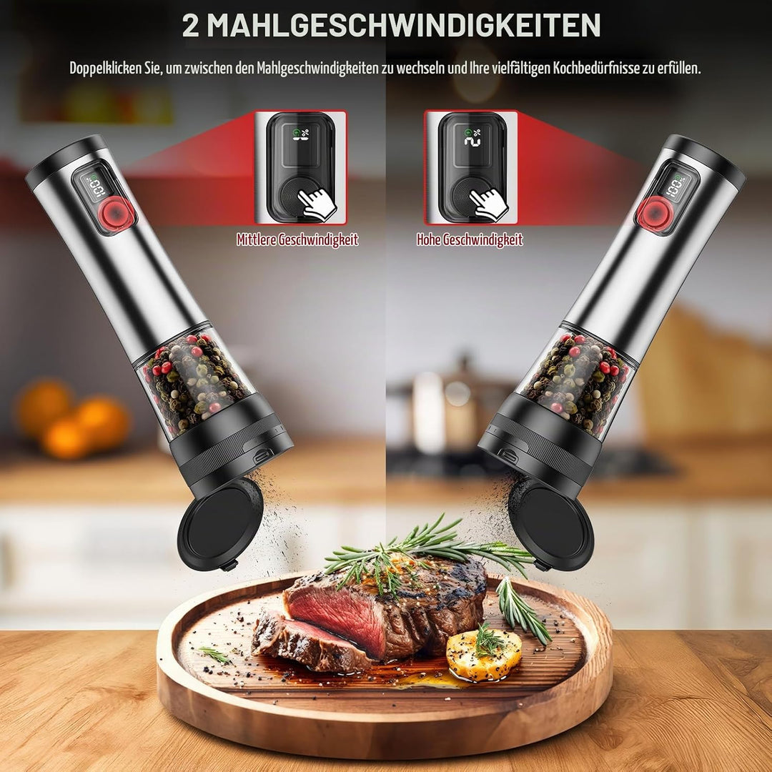 GVODE Elektrische Salz und Pfeffermühle Set, 800mAh Gewürzmühle Elektrisch mit USB Ladung, Edelstahl