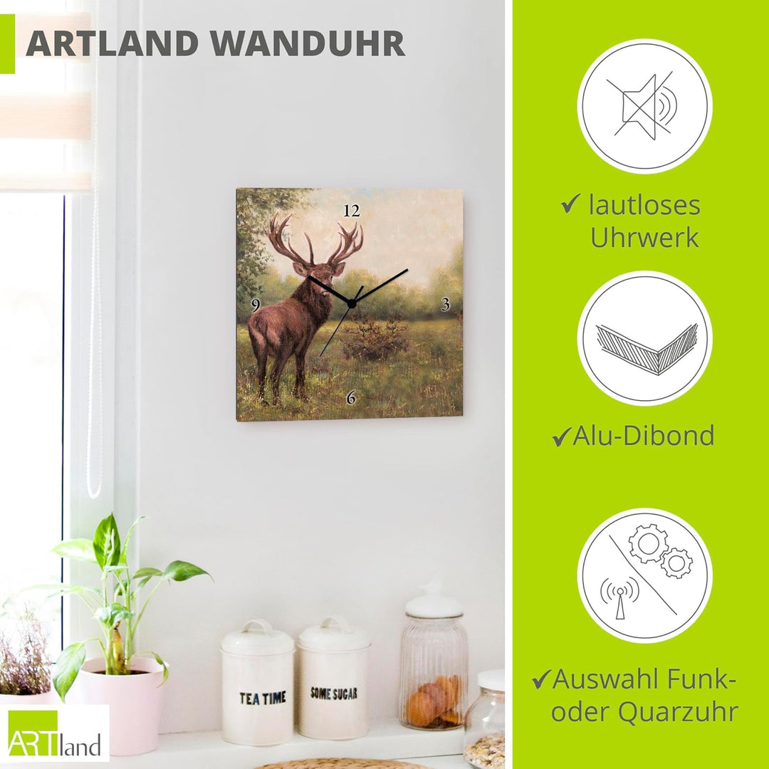 ARTLAND Wanduhr ohne Tickgeräusche Leinwand Quarzuhr 30x30 cm Quadratisch Lautlos Hirsch Tiere Wald