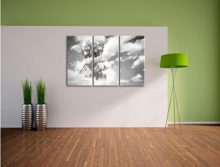Pixxprint fliegendes Haus mit Luftballons als Leinwandbild/Grösse: 3 Teilig (120x80 cm) cm/Wandbild/