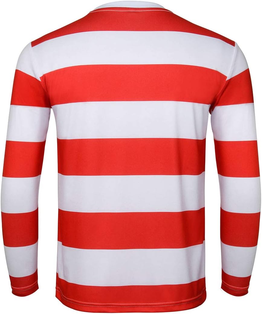 NUWIND Herren Rot-weiss gestreiftes T-Shirt Kit mit Brille &amp; Bommelmütze Walter Kostüm Halloween Cos