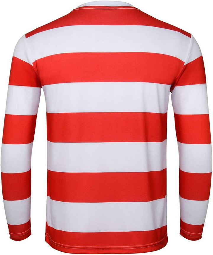 NUWIND Herren Rot-weiss gestreiftes T-Shirt Kit mit Brille &amp; Bommelmütze Walter Kostüm Halloween Cos