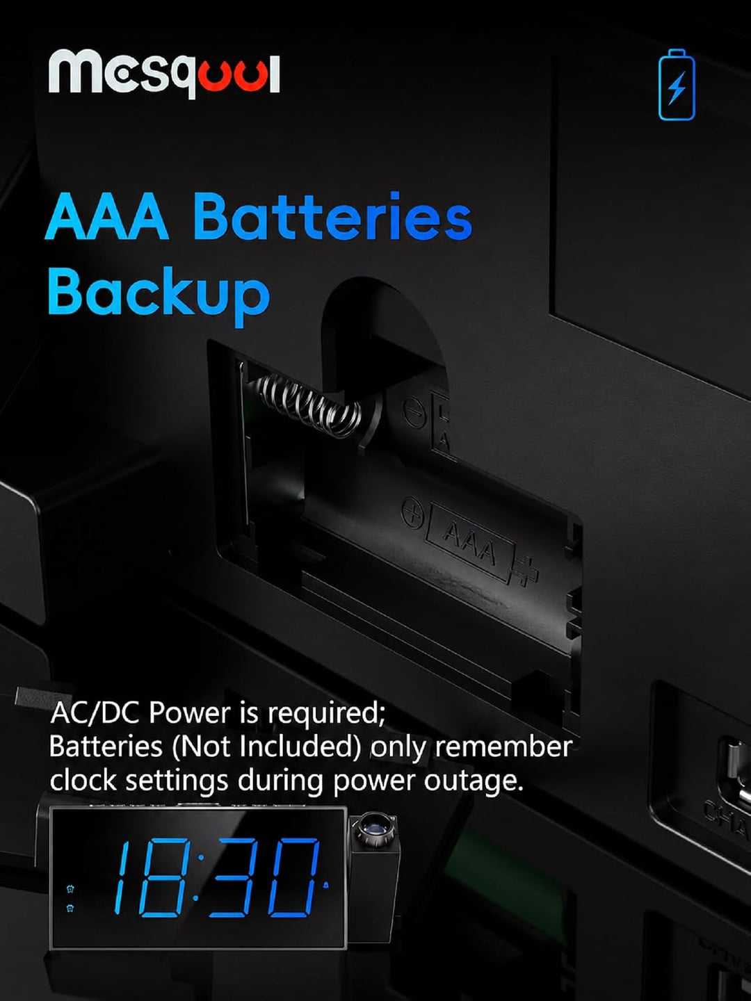 Projektionswecker, 7-Zoll-Digitalanzeige und -dimmer, Doppelalarme, USB-Anschluss, einstellbare Alar