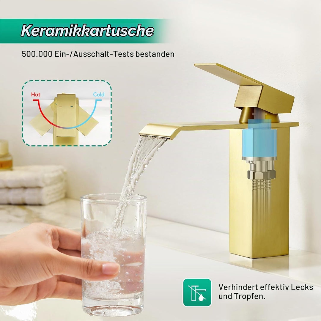 CREA Wasserhahn Bad Wasserfall, Waschtischarmatur mit Ablaufgarnitur, Mischbatterie Bad mit Auslauf