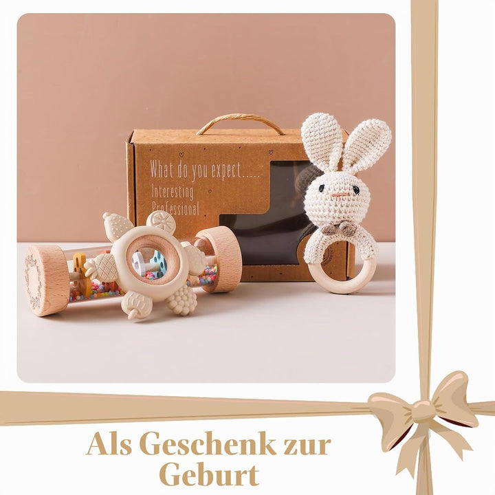 Baby Rassel Set 0 3 6 9 Monate - 3 Stück Baby Rassel Beissring Set mit Gehäkelte Babyrassel und Holz