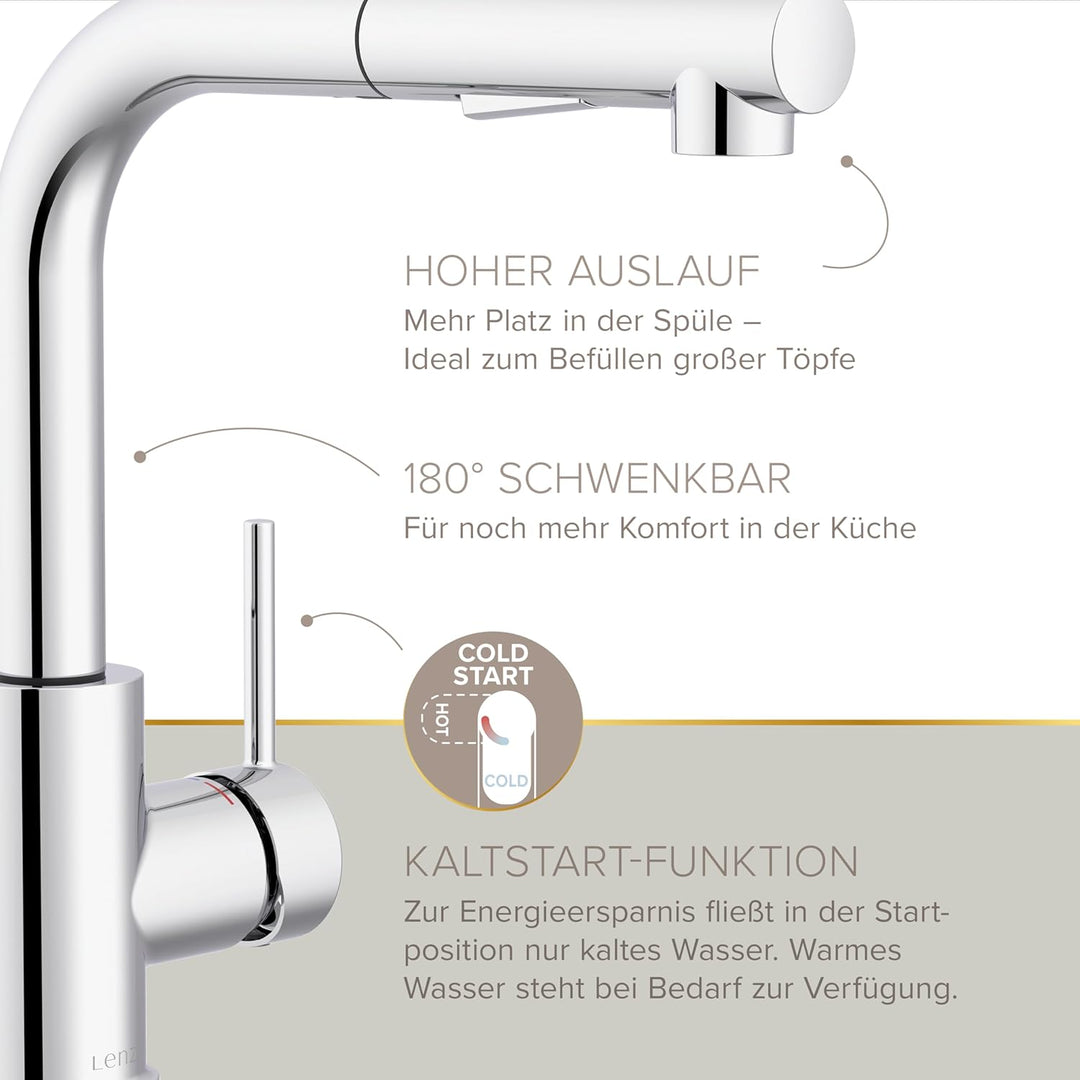 Lenz Küchenarmatur OLINA FLEX in Chrom – Herausziehbare Geschirrbrause | 2 Strahlarten, Kaltstart-Fu