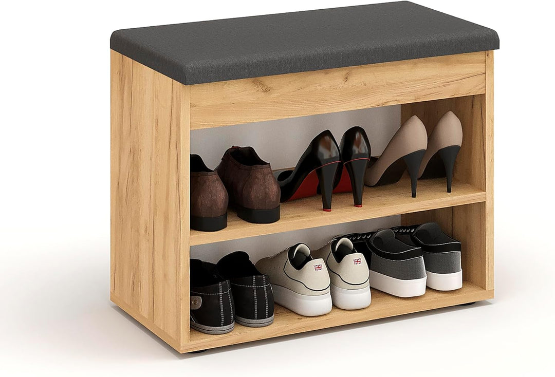 KOMTO Schuhbank mit Sitzfläche - Schuhregal Bank mit Stauraum Honig Eiche 60 x 48 x 32 cm Kleiner Sc