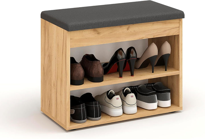 KOMTO Schuhbank mit Sitzfläche - Schuhregal Bank mit Stauraum Honig Eiche 60 x 48 x 32 cm Kleiner Sc